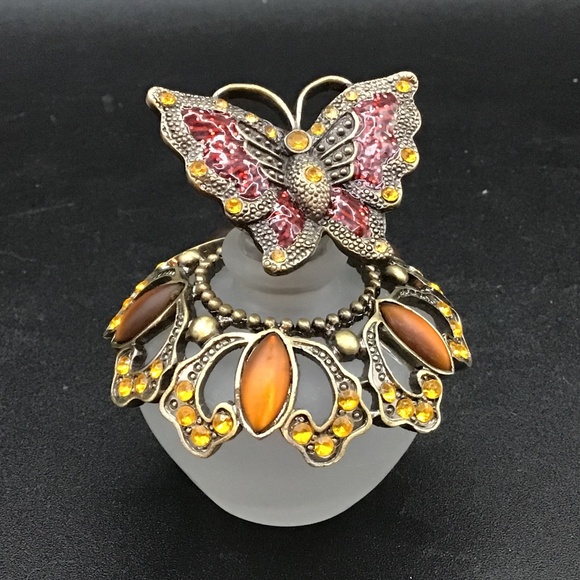 Perfume Bottle Retro Frosted Butterfly enamelled jewelled Lid Perfume Bottle - Picture 1 of 7